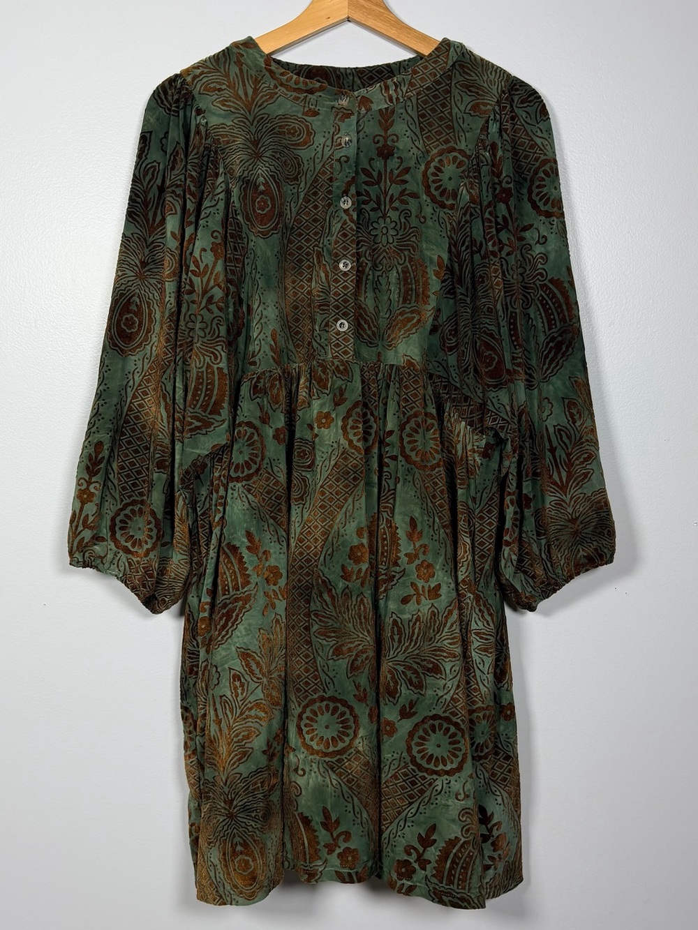 Hudson Gray Green Burnout Velvet Dress L Whimsigoth Damask Boho Balloon Sleeve
